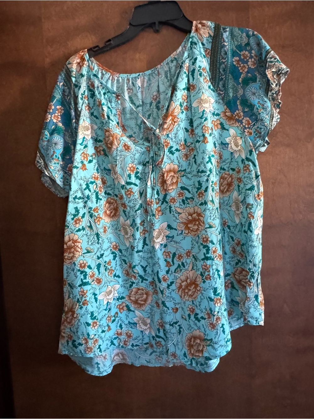 SHEIN Teal Floral Tie-Front Blouse with Brown & Cream Flowers